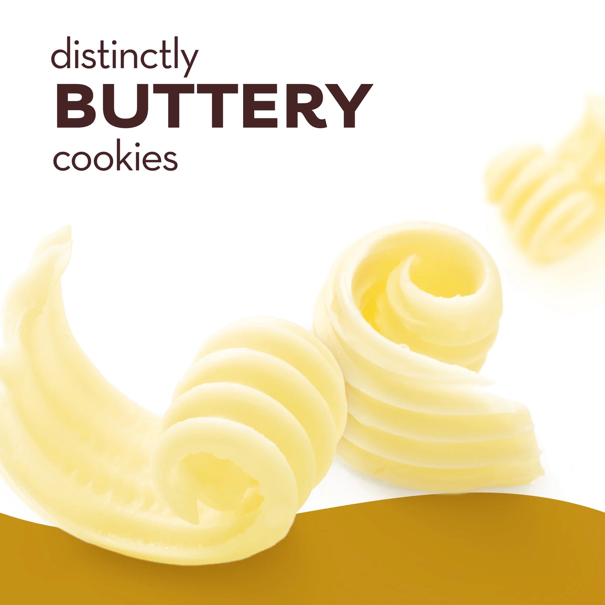 Buttercream swirls with text 'distinctly BUTTERY cookies' on a white background