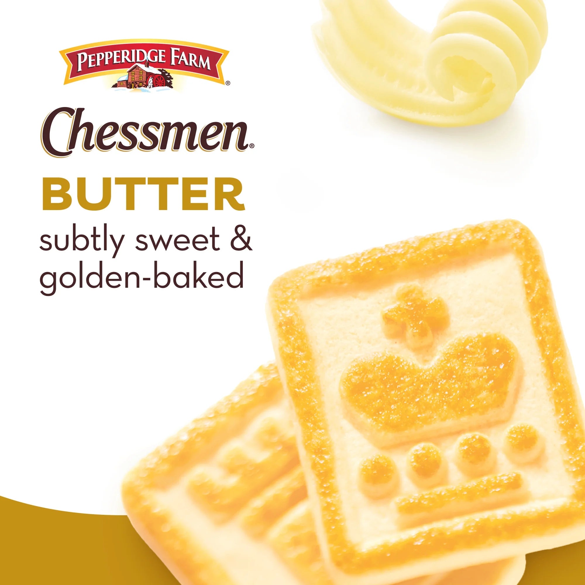 Pepperidge Farm Chessmen Butter cookies with a swirled butter decoration on a white background.
