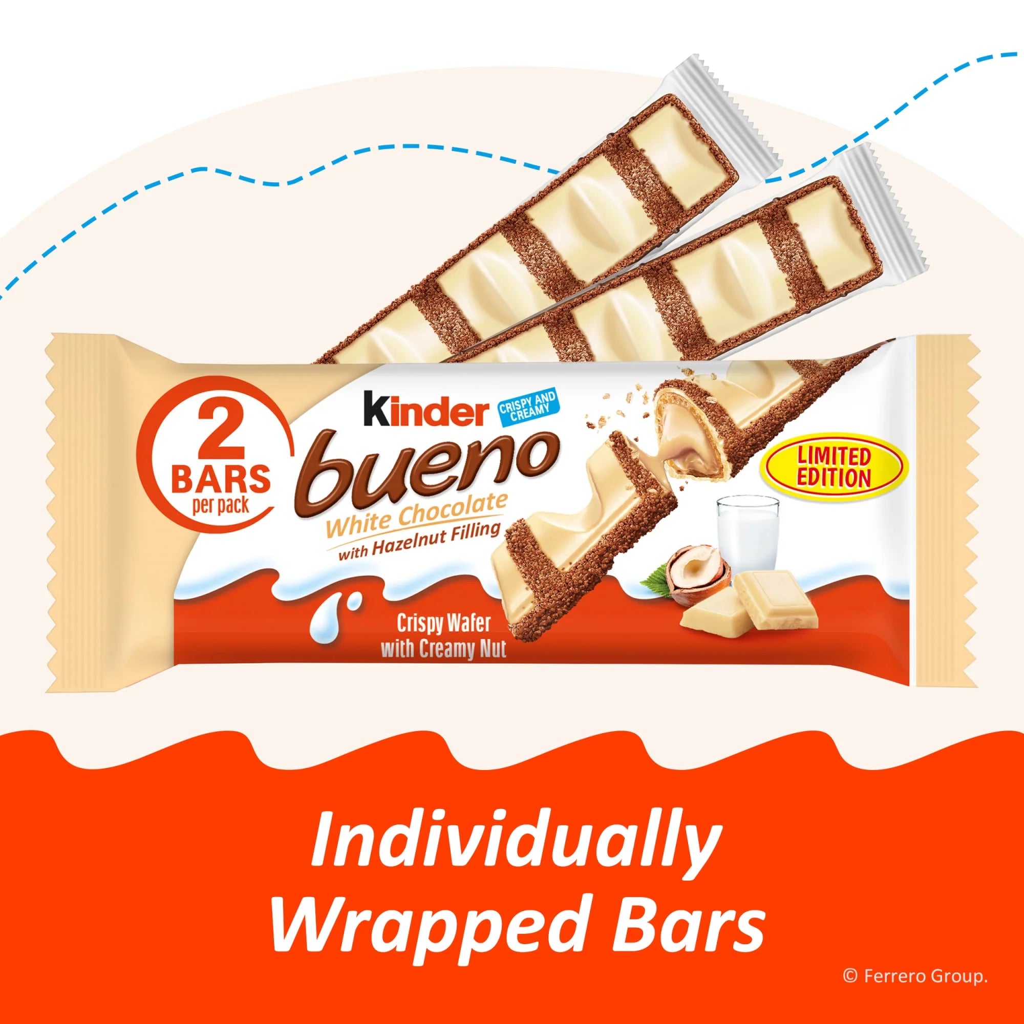 Barre de chocolat blanc Kinder Bueno avec gaufrette croustillante et garniture noisette