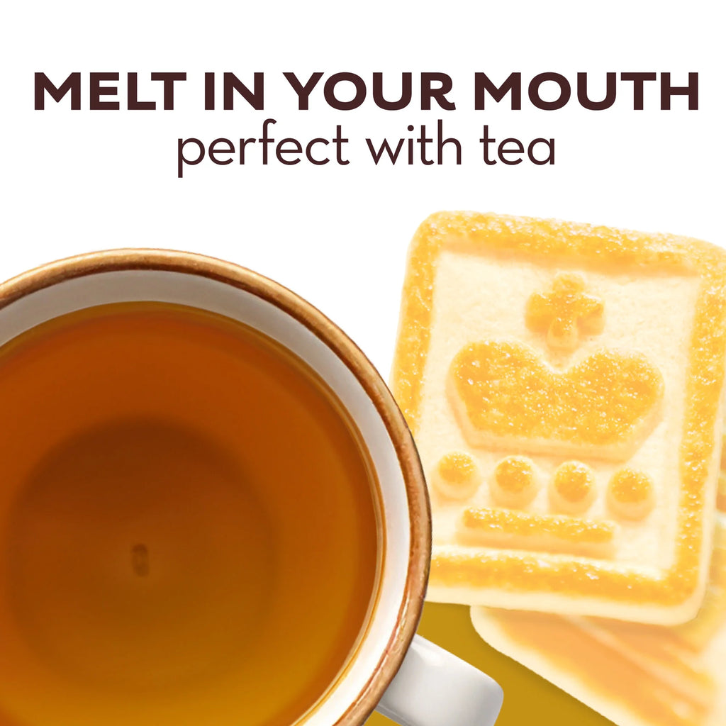 Tea cup with a Chessmen butter cookie on a white background, text 'Melt in your mouth perfect with tea'.