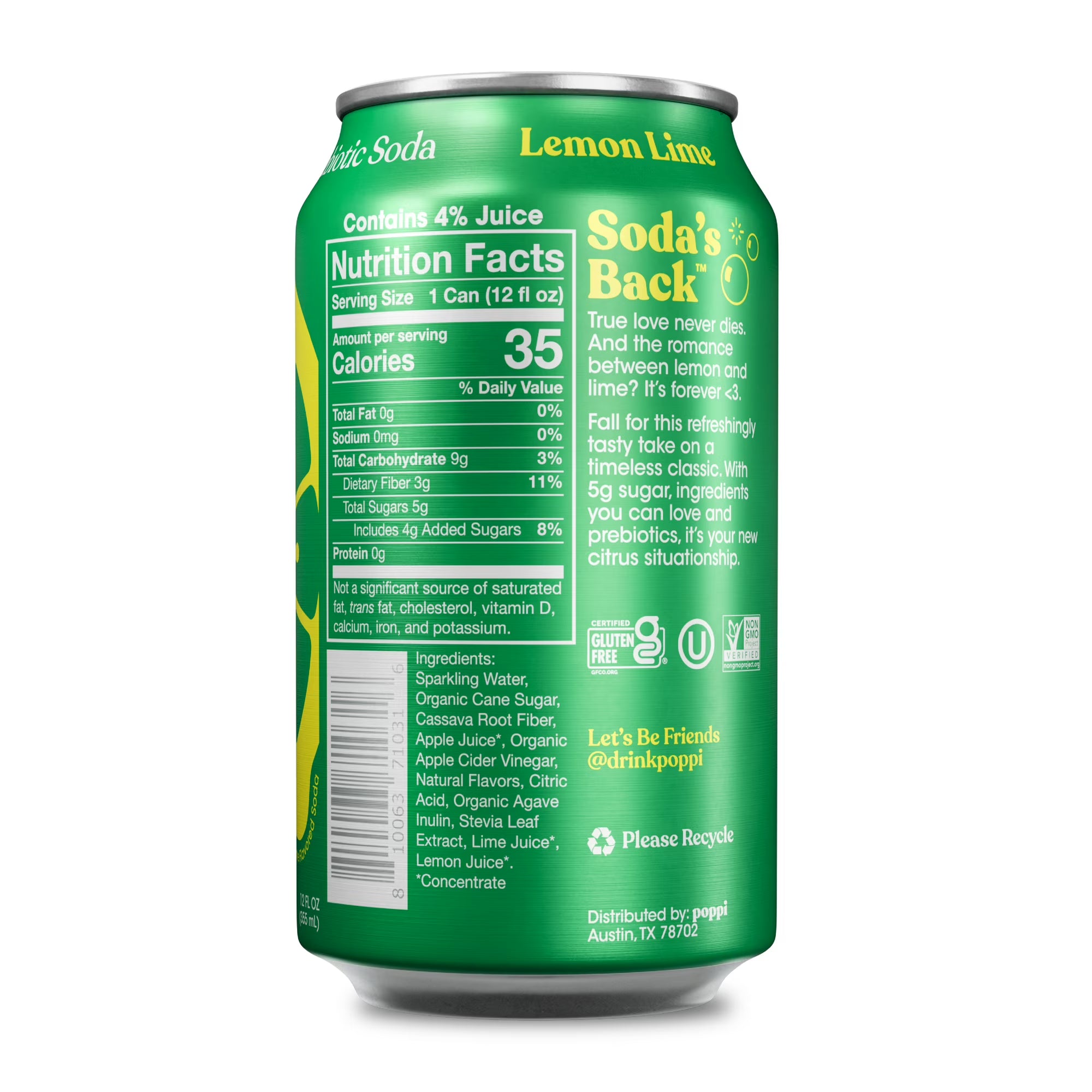 Boisson gazeuse prébiotique poppi citron vert