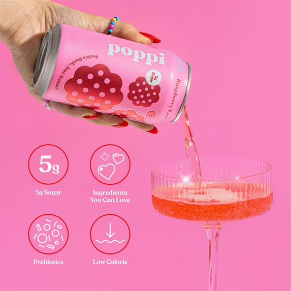 poppi soda prébiotique framboise rose
