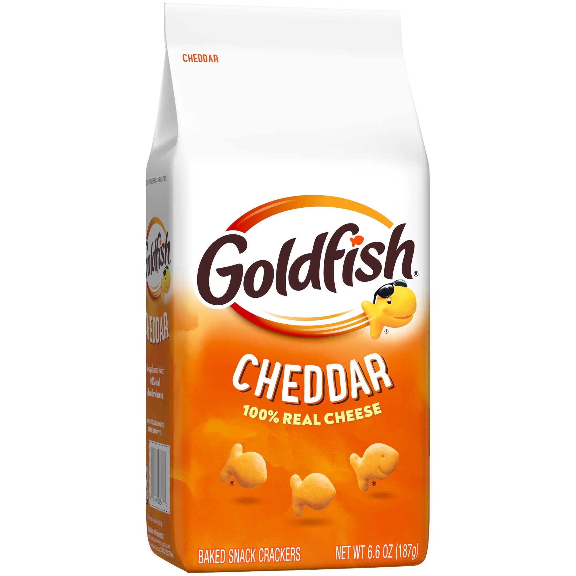 Goldfish Cheddar crackers packaging on a white background