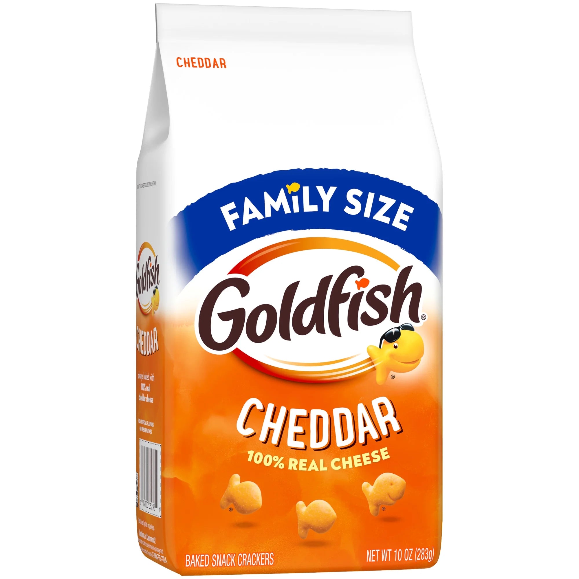 Goldfish Cheddar crackers family size bag on a white background