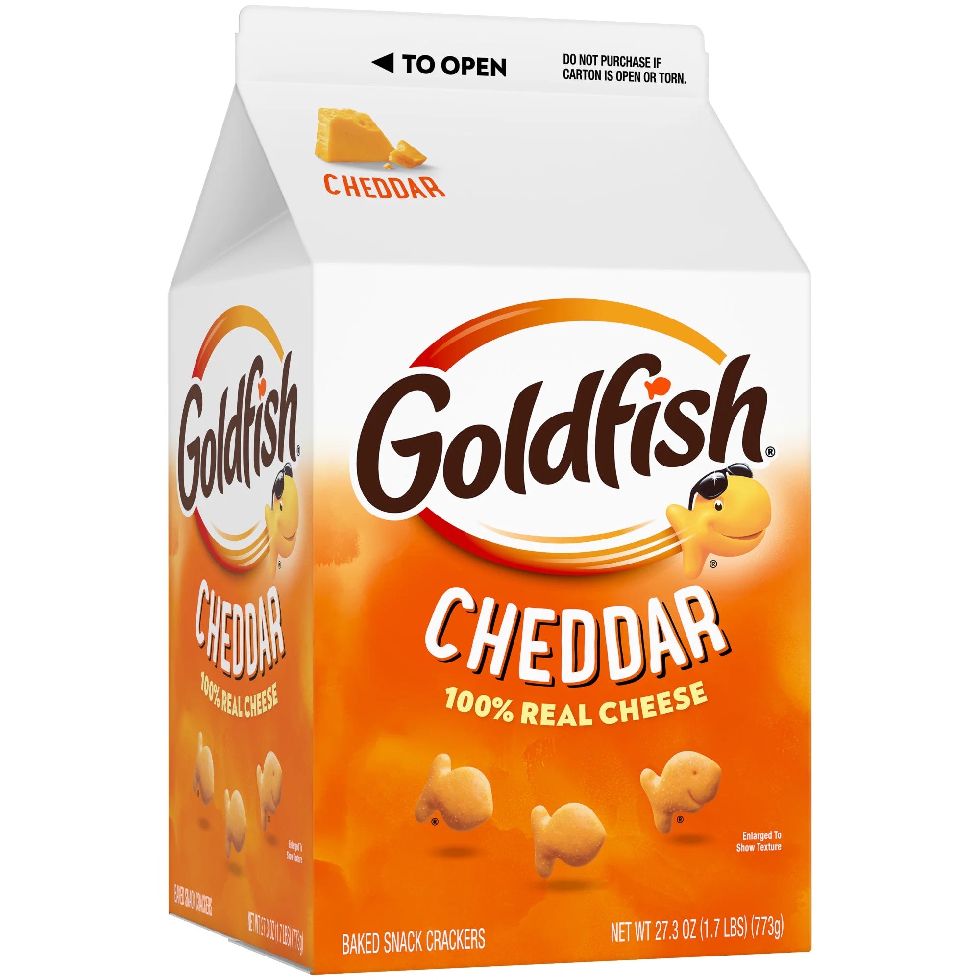 Box of Goldfish Cheddar crackers on a white background