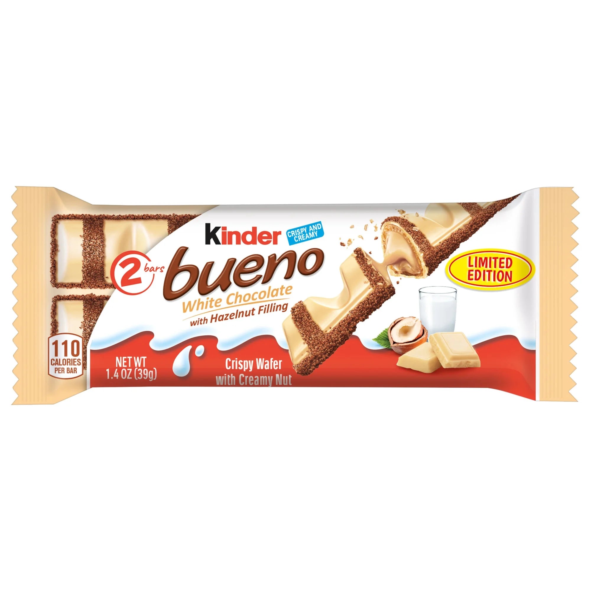 Kinder Bueno White Chocolate Bar with Crispy Wafer and Hazelnut Filling