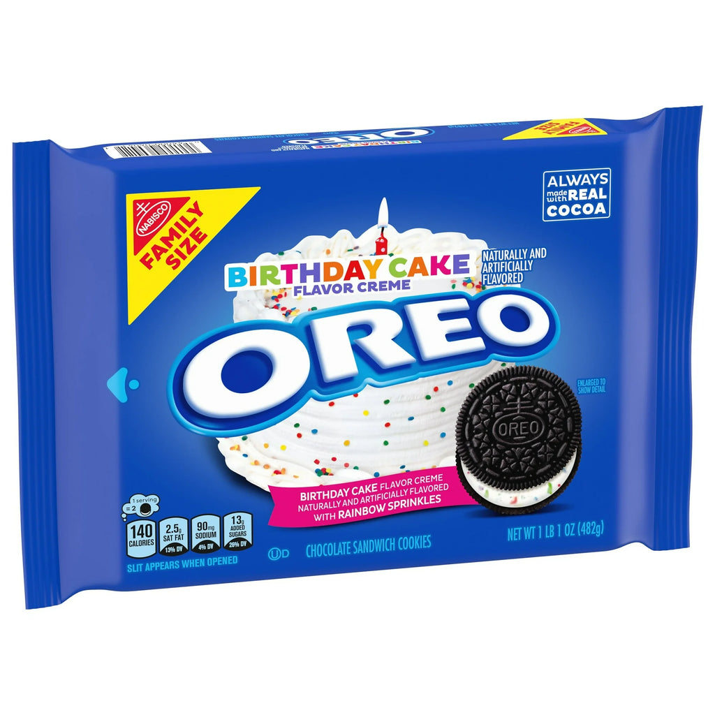OREO Birthday Cake flavor creme cookie package on a white background
