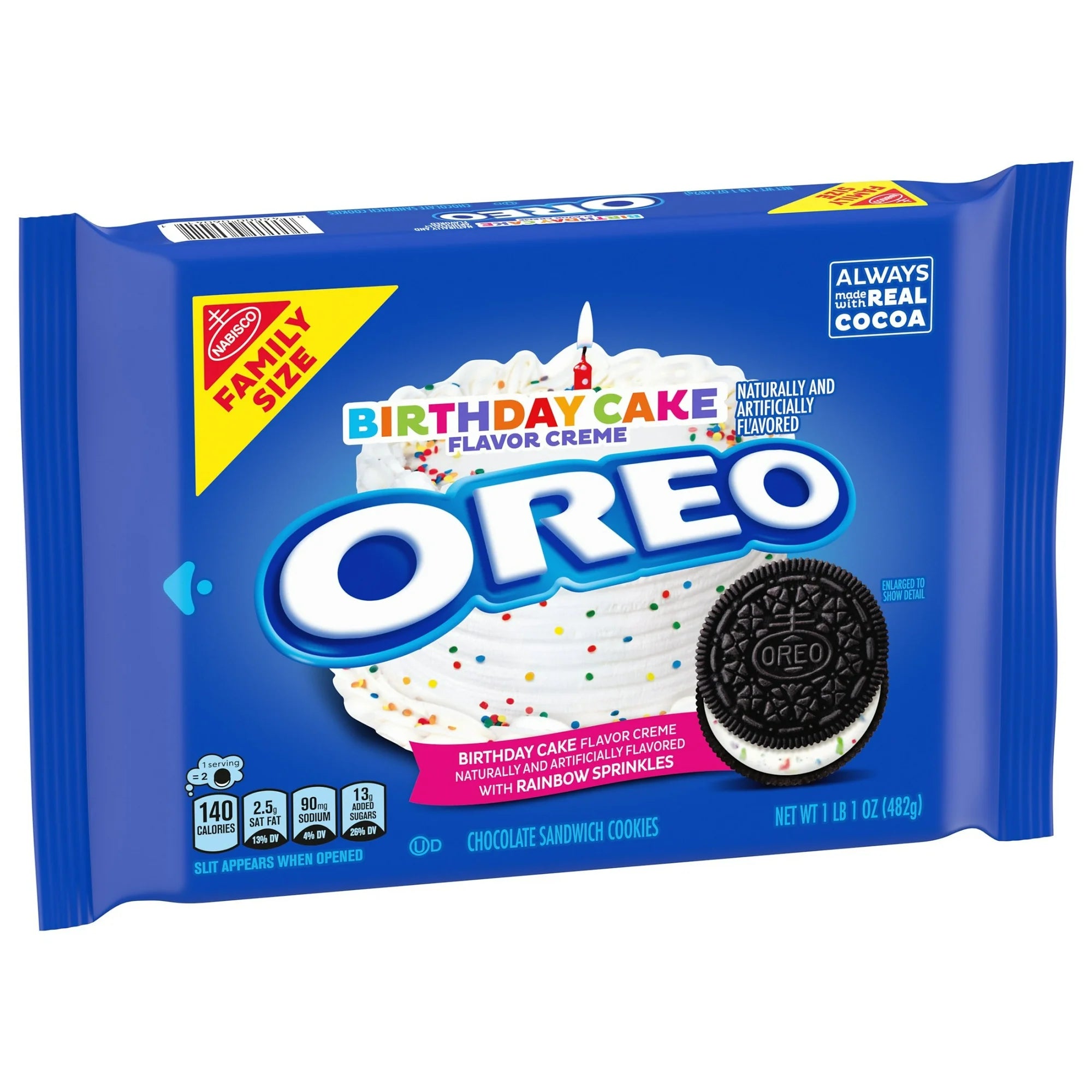 OREO Birthday Cake flavor creme cookie package on a white background