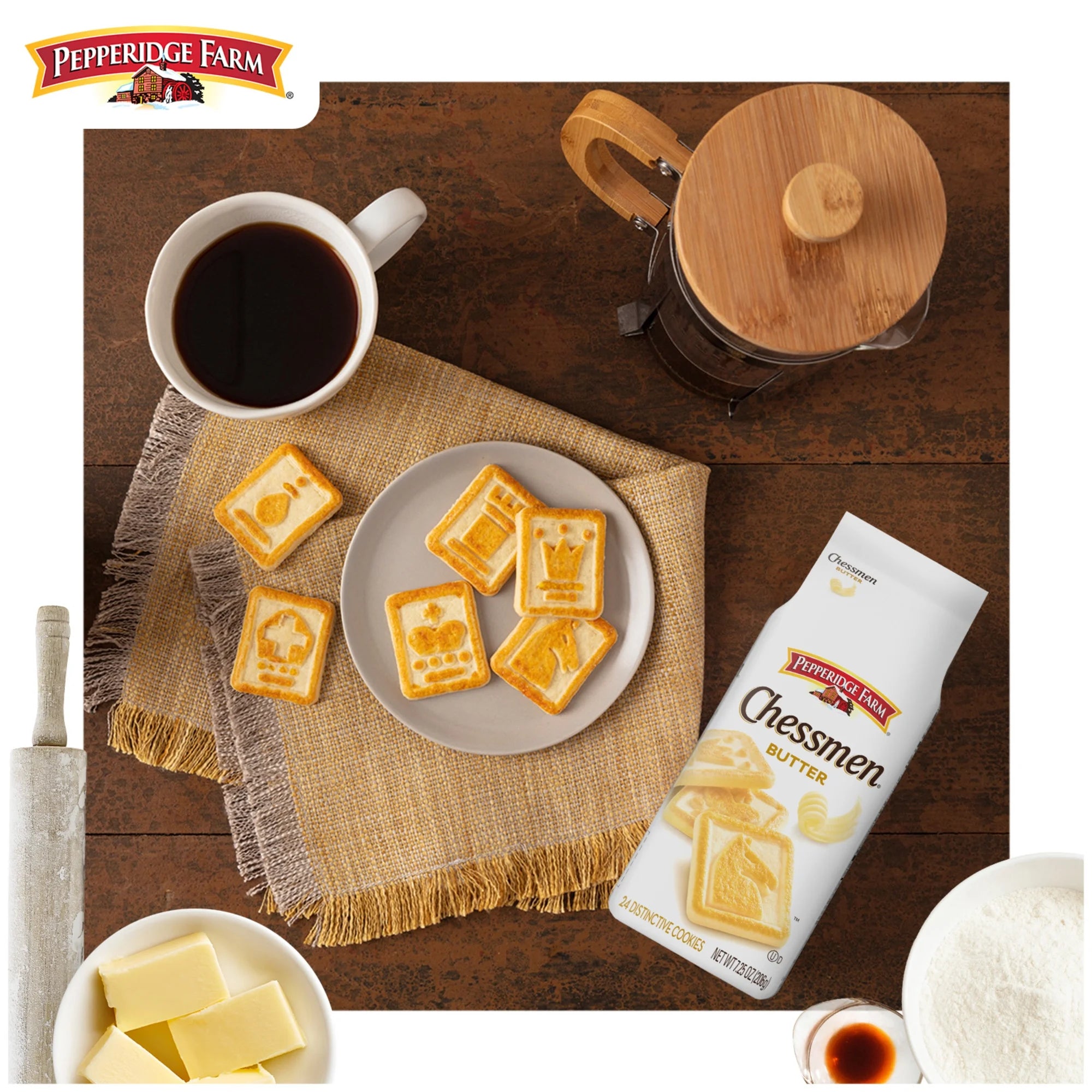 Pepperidge Farm Chessmen Butter cookies with a cup of coffee and a French press on a wooden table.
