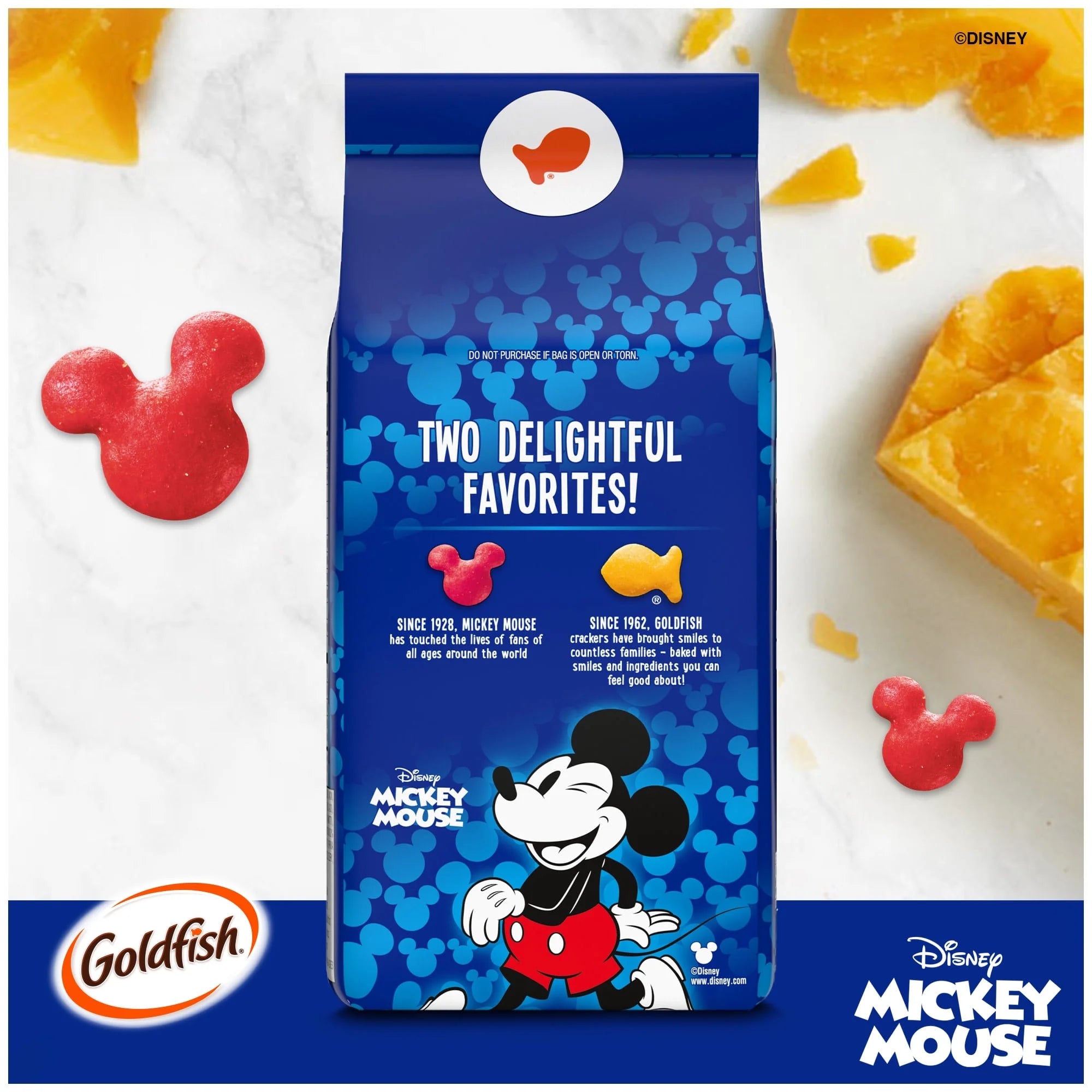 Goldfish snack bag featuring Disney Mickey Mouse design on a white background with snacks.
